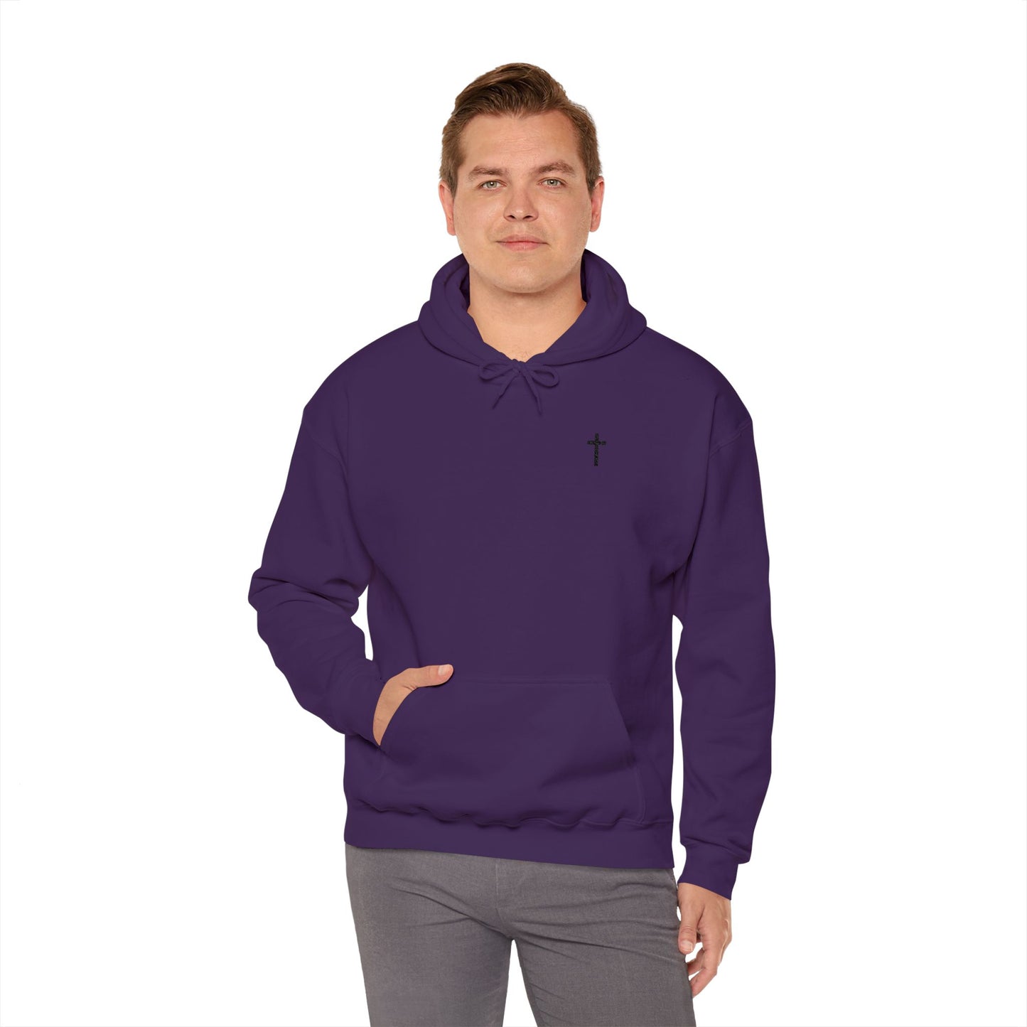 Unisex Embroidered Black Cross Hooded Sweatshirt (Gildan Product)