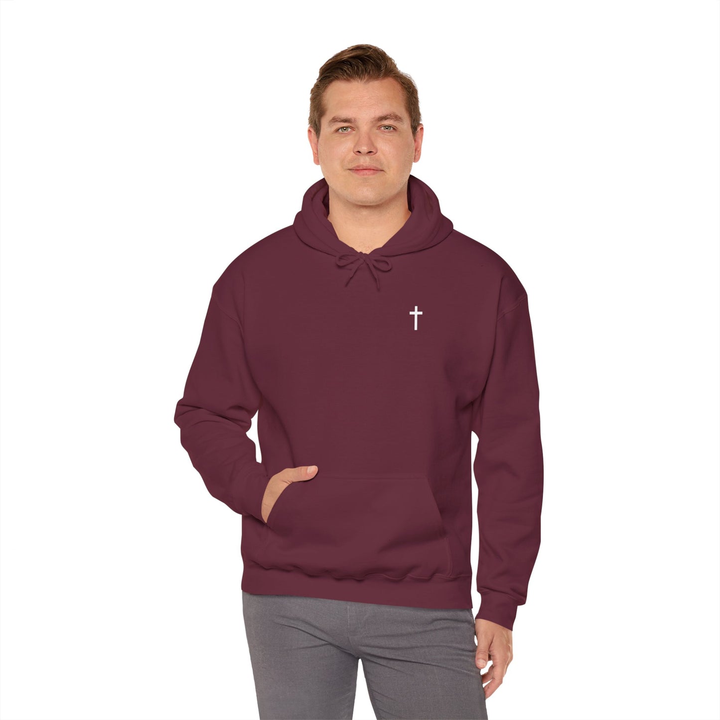 Unisex Christian Hooded Sweatshirt with White Cross (Gildan Product)