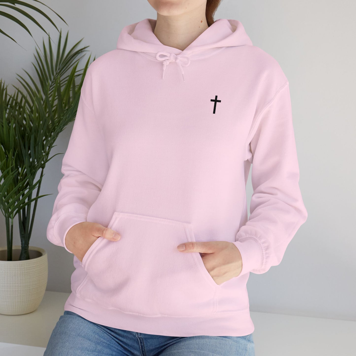 Unisex Embroidered Black Cross Hooded Sweatshirt (Gildan Product)