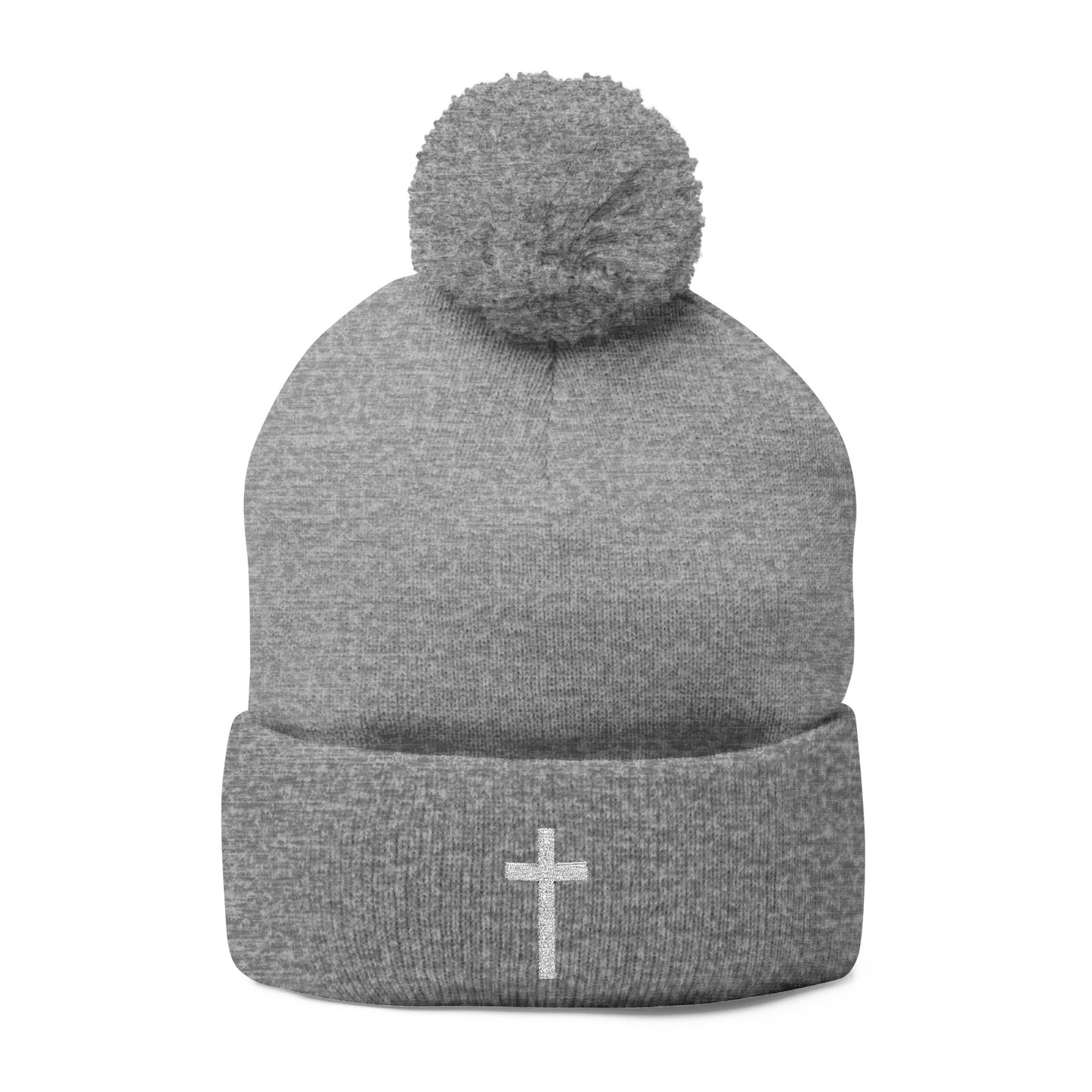 Pom-Pom White Cross Knit Cap (Embroidery)