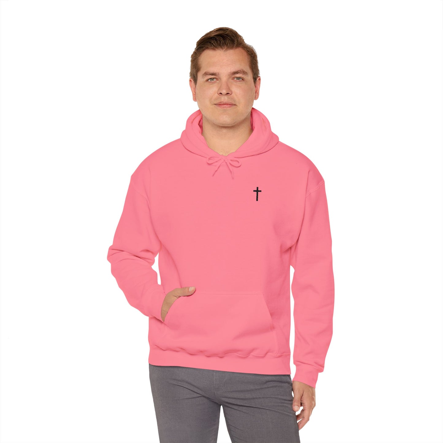 Unisex Embroidered Black Cross Hooded Sweatshirt (Gildan Product)