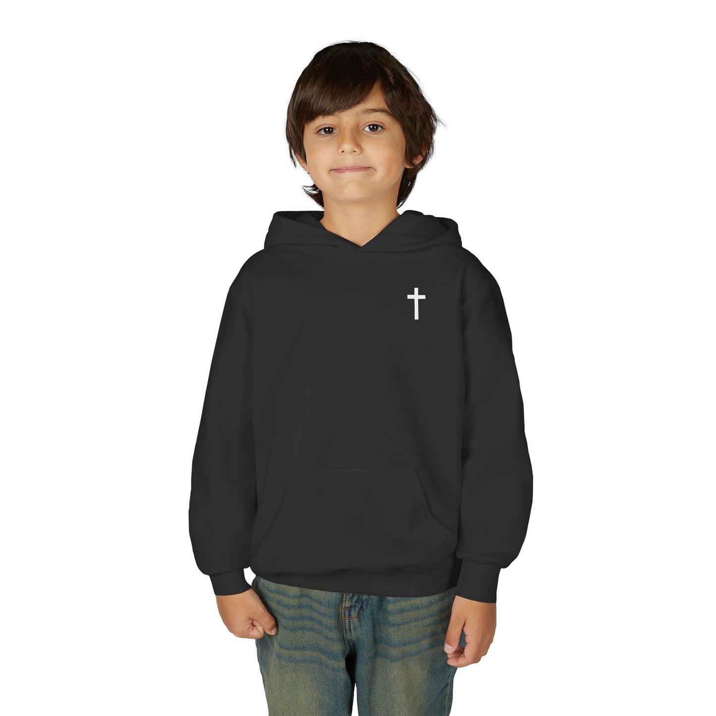 Kids Simple Christian Hooded Sweatshirt with White Cross (Gildan Product)