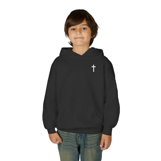 Kids Simple Christian Hooded Sweatshirt with White Cross (Gildan Product)