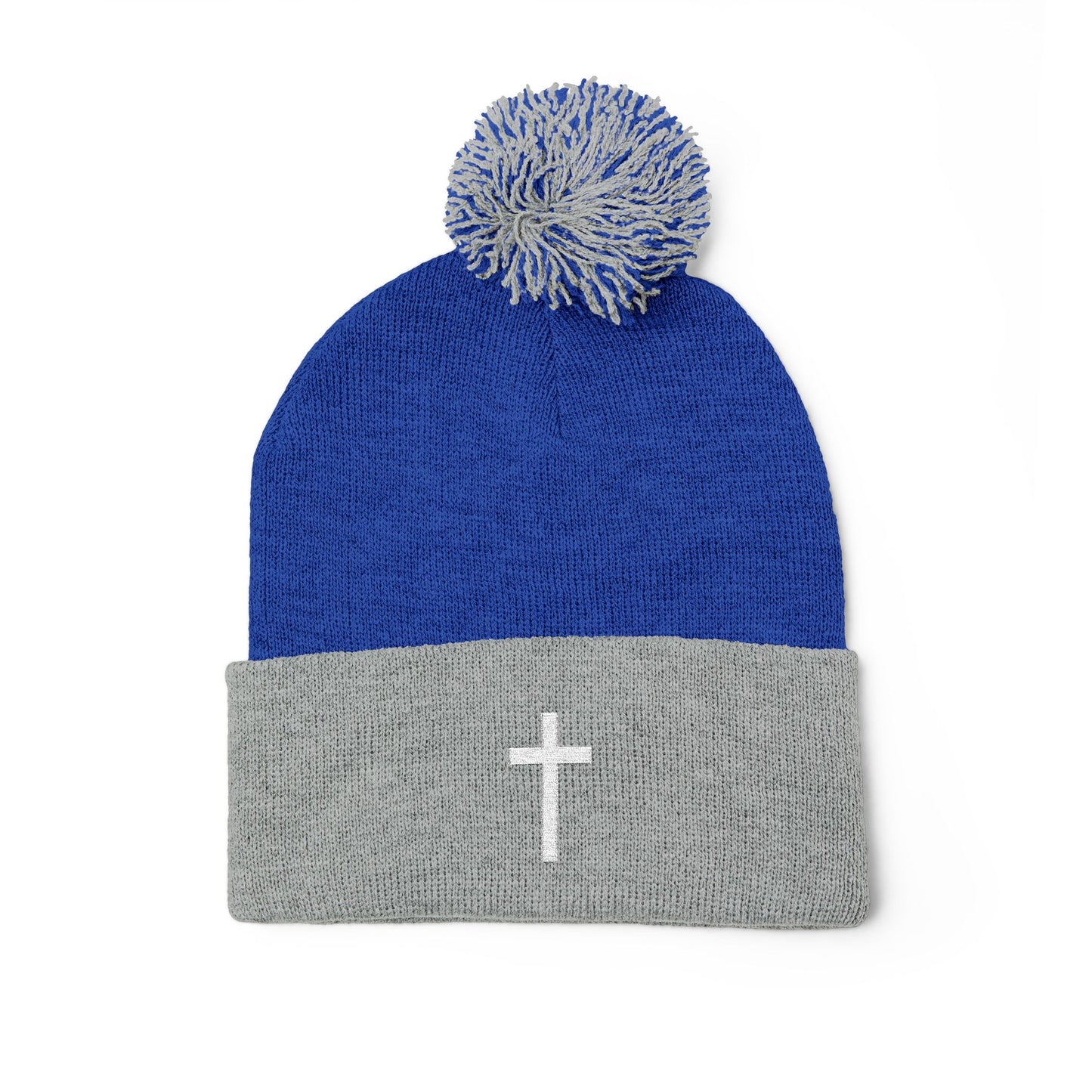 Pom-Pom White Cross Knit Cap (Embroidery)
