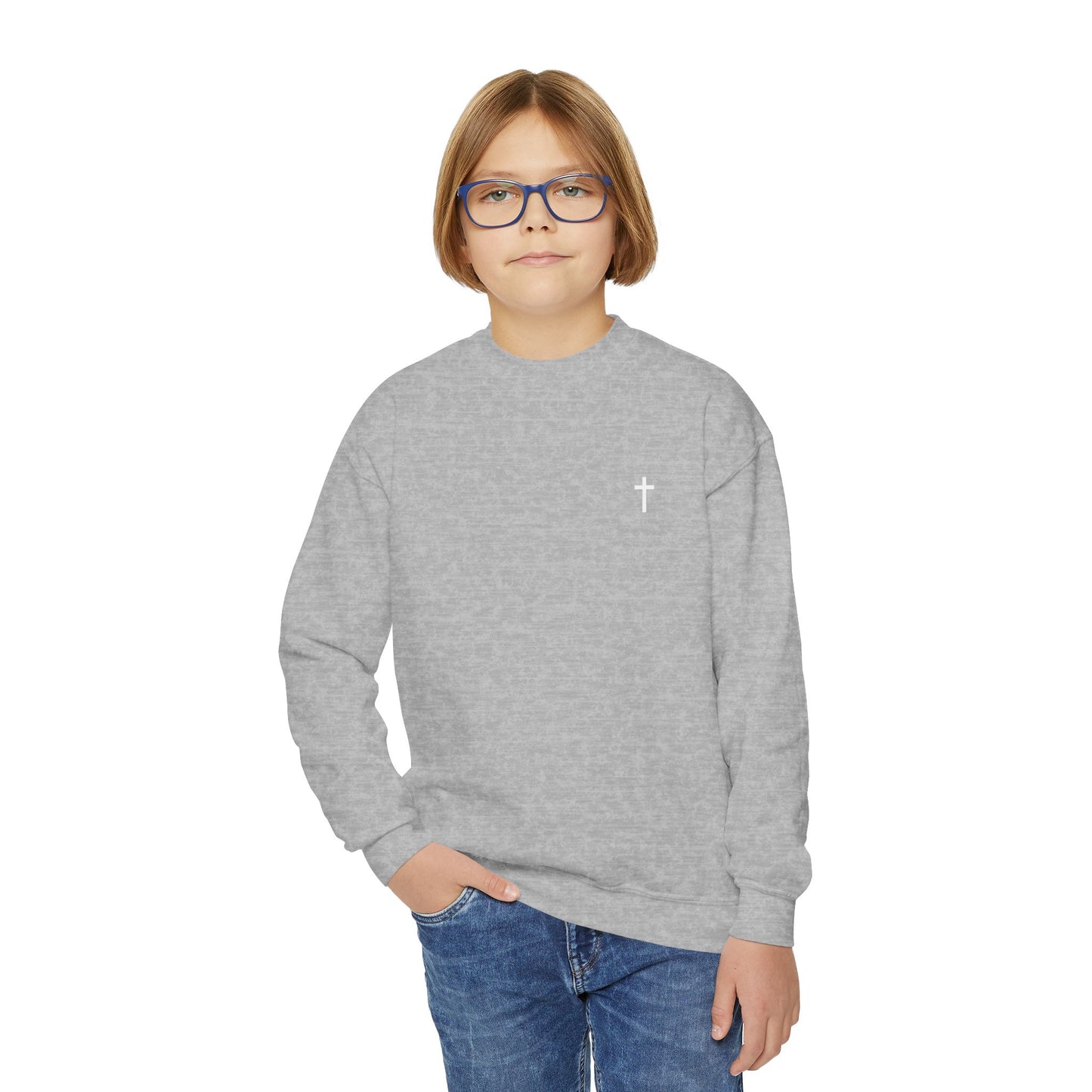 Youth Simple Christian Crewneck Sweatshirt with White Cross (Gildan Product)