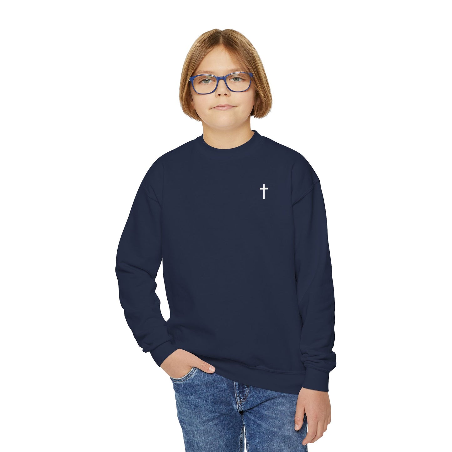 Youth Simple Christian Crewneck Sweatshirt with White Cross (Gildan Product)