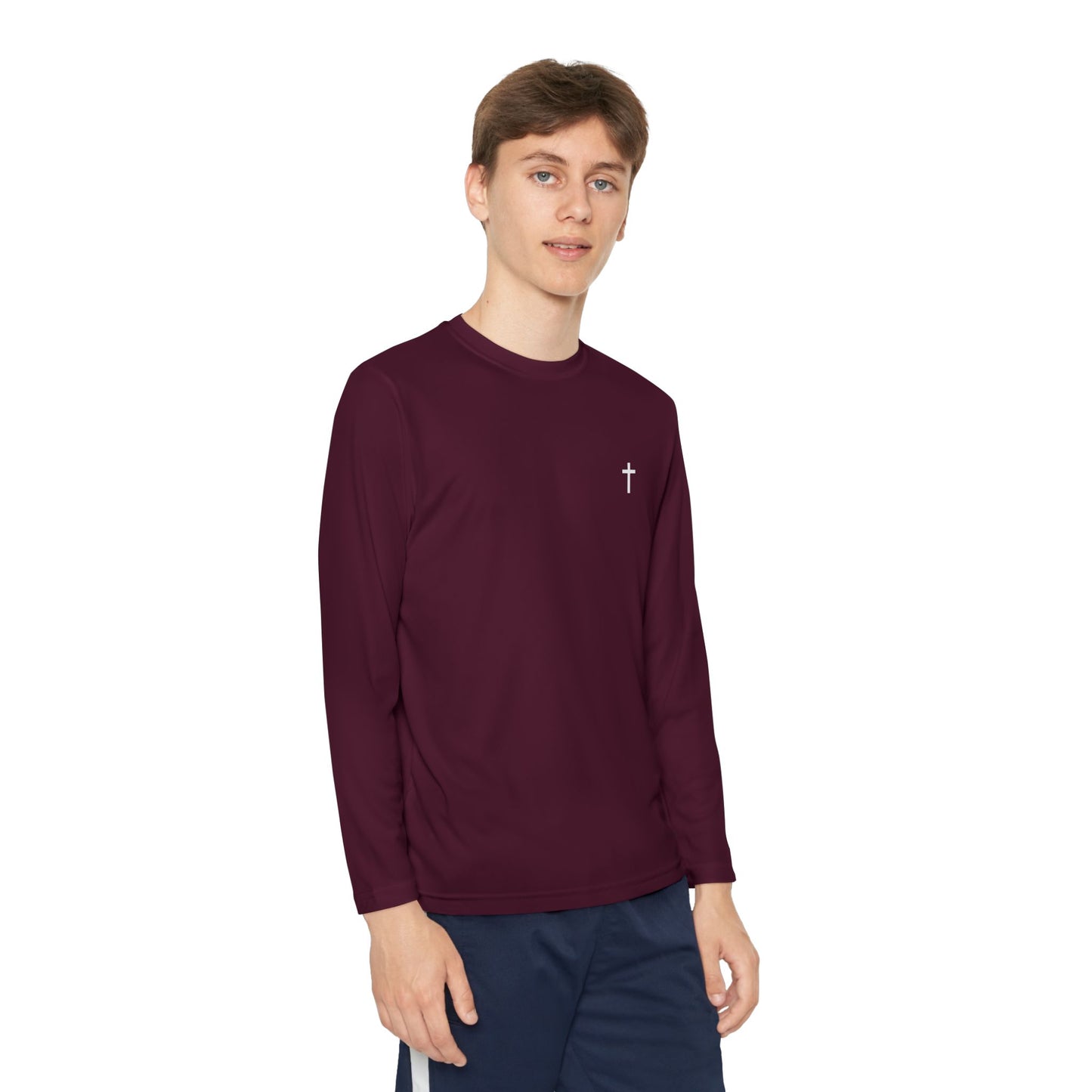 Youth long sleeve Sport-Tek with White Cross