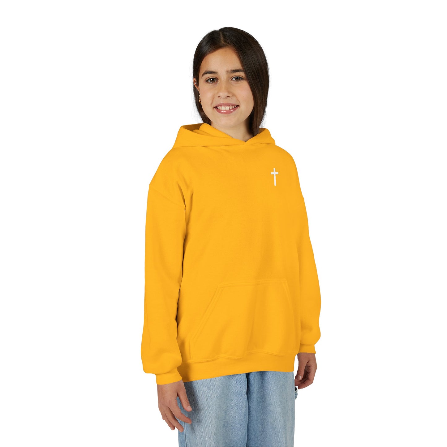 Kids Simple Christian Hooded Sweatshirt with White Cross (Gildan Product)