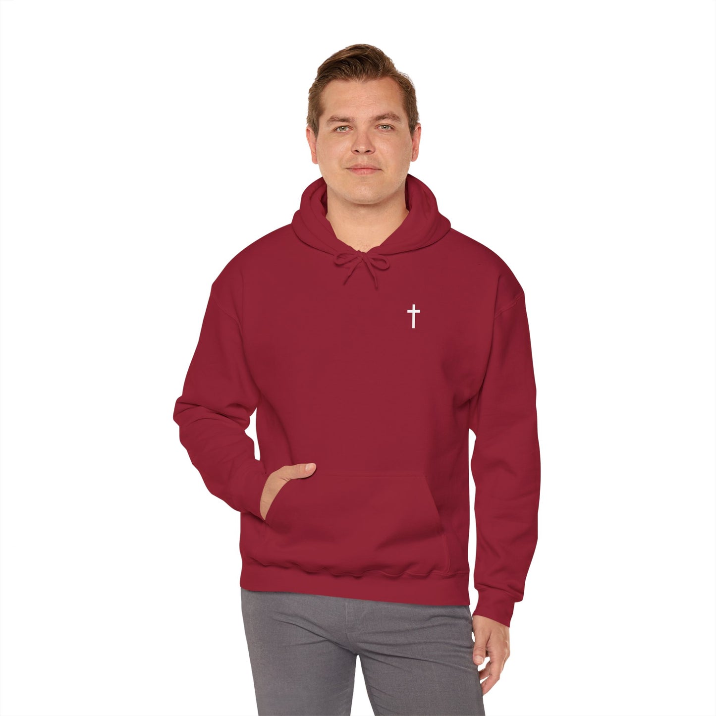 Unisex Christian Hooded Sweatshirt with White Cross (Gildan Product)
