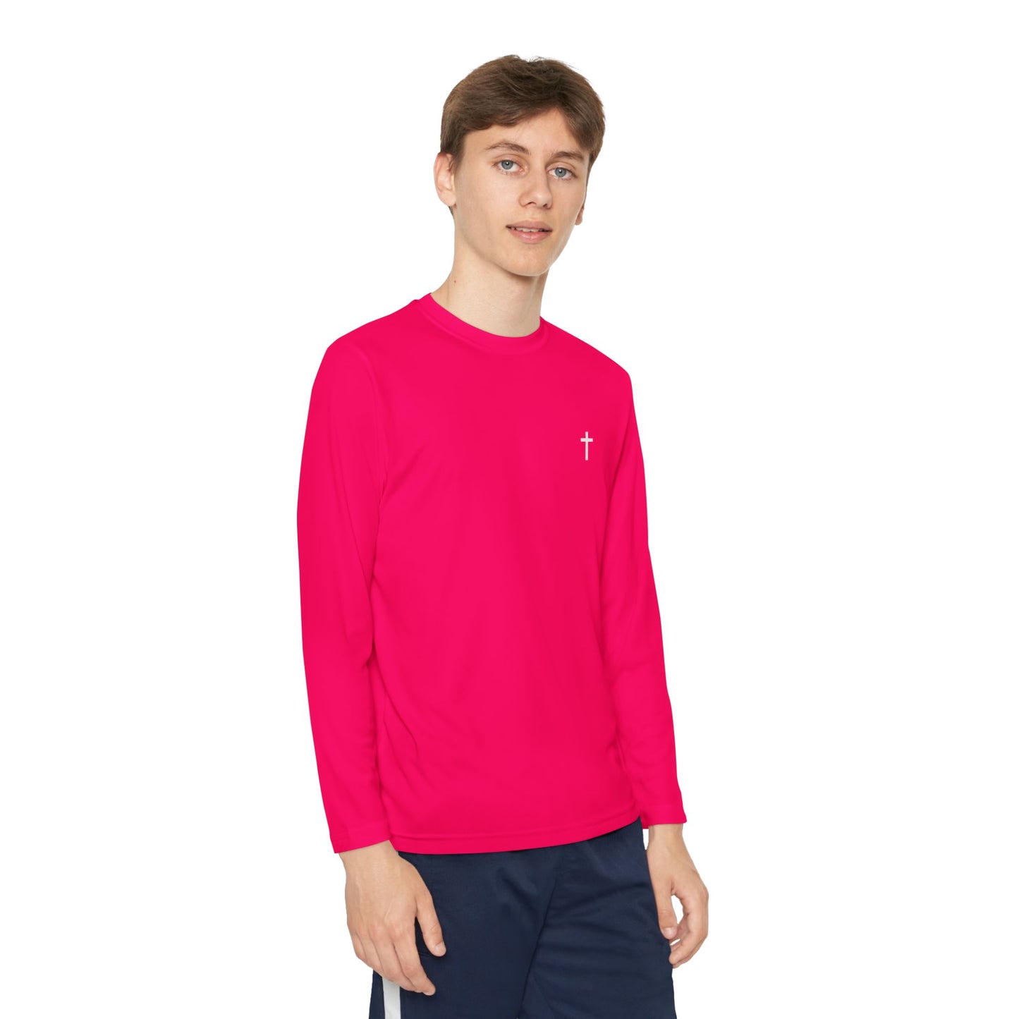 Youth long sleeve Sport-Tek with White Cross