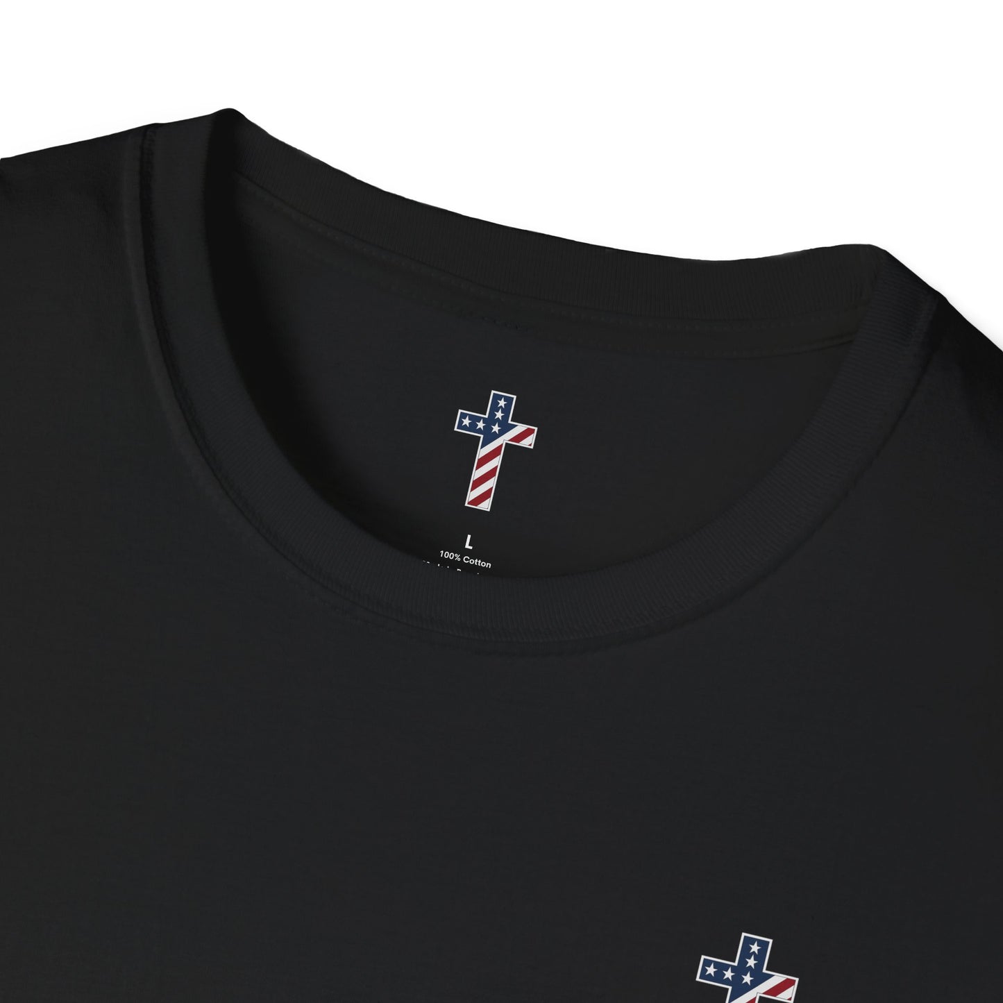 God Bless America Softstyle T-Shirt with American Flag Cross on front (Limited Edition)