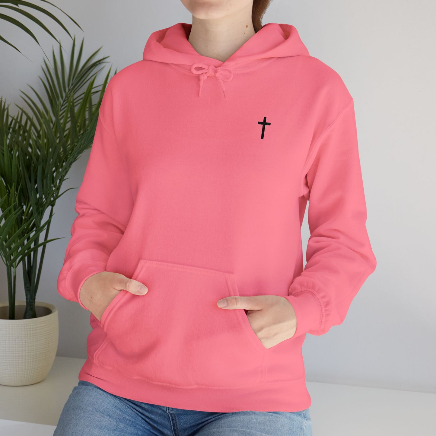 Unisex Embroidered Black Cross Hooded Sweatshirt (Gildan Product)