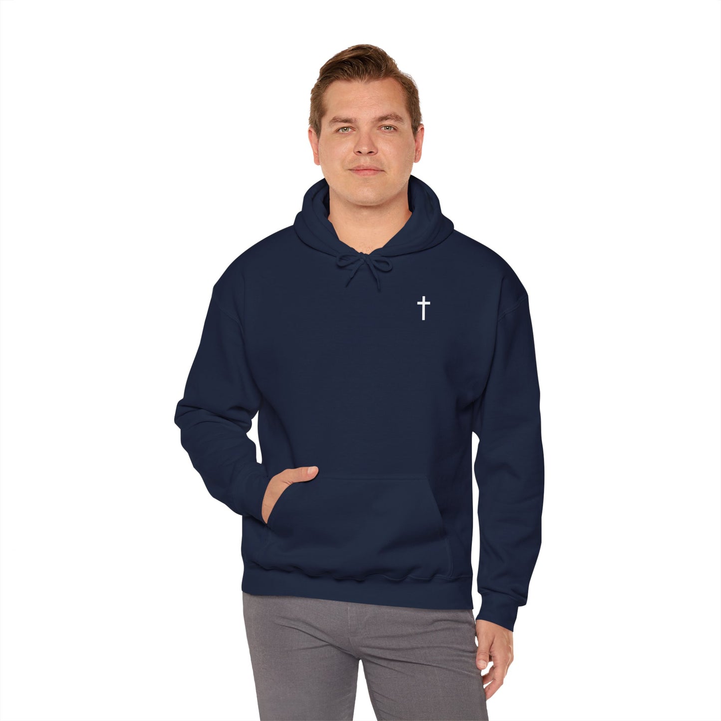 Unisex Christian Hooded Sweatshirt with White Cross (Gildan Product)