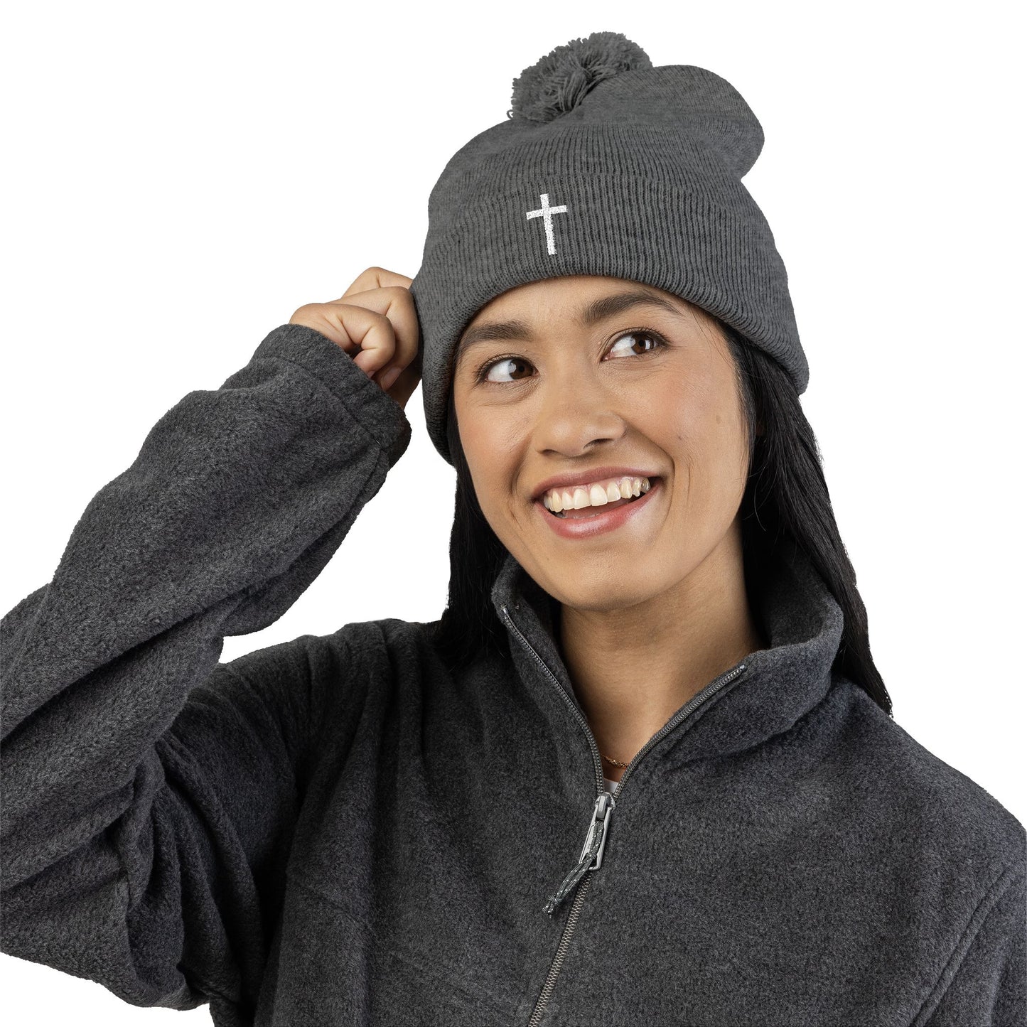 Pom-Pom White Cross Knit Cap (Embroidery)