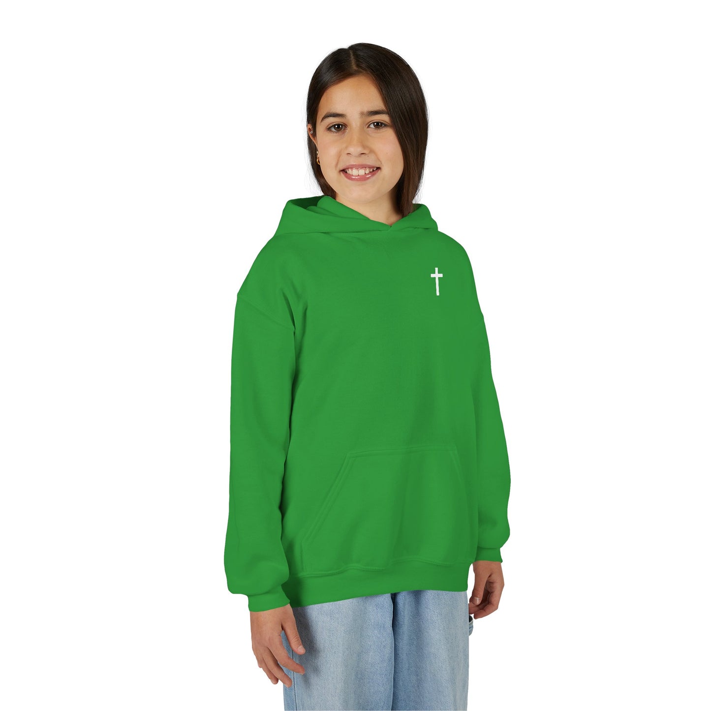 Kids Simple Christian Hooded Sweatshirt with White Cross (Gildan Product)