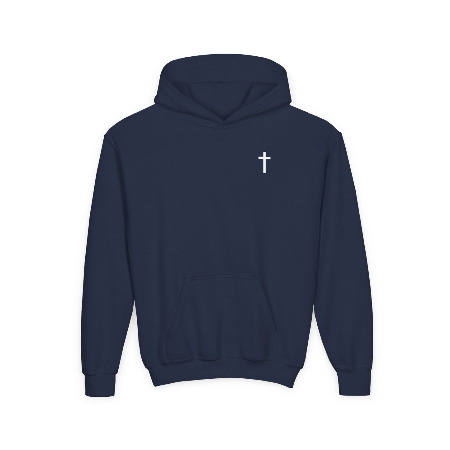 Kids Simple Christian Hooded Sweatshirt with White Cross (Gildan Product)