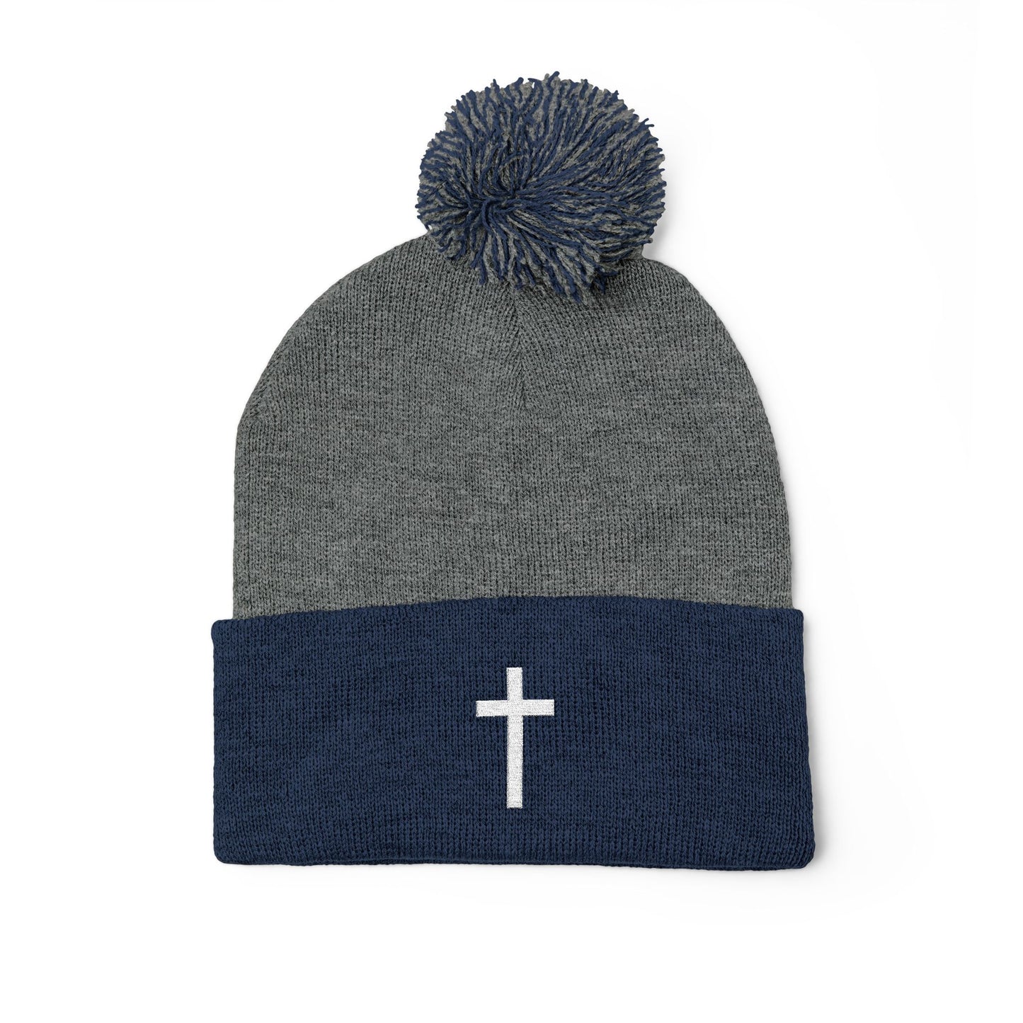Pom-Pom White Cross Knit Cap (Embroidery)