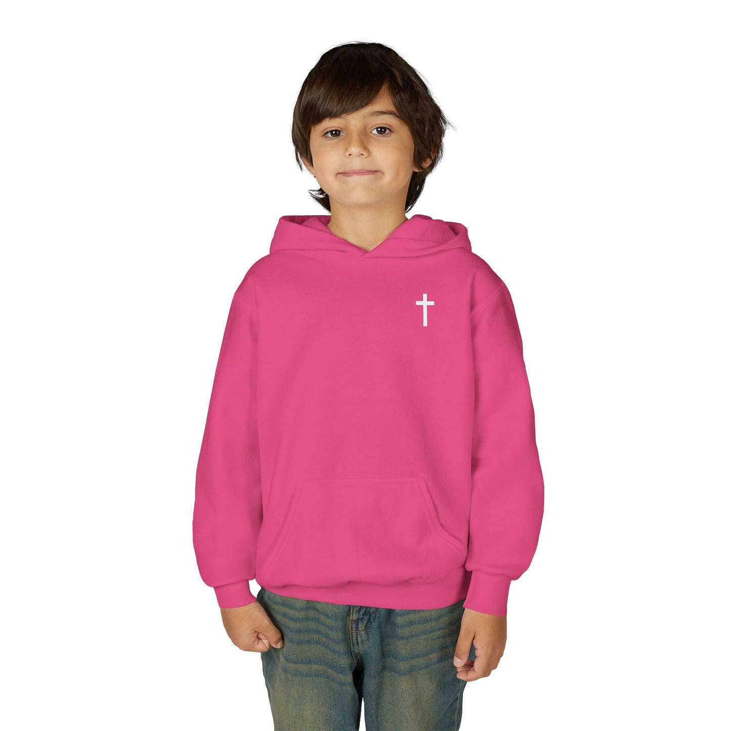 Kids Simple Christian Hooded Sweatshirt with White Cross (Gildan Product)