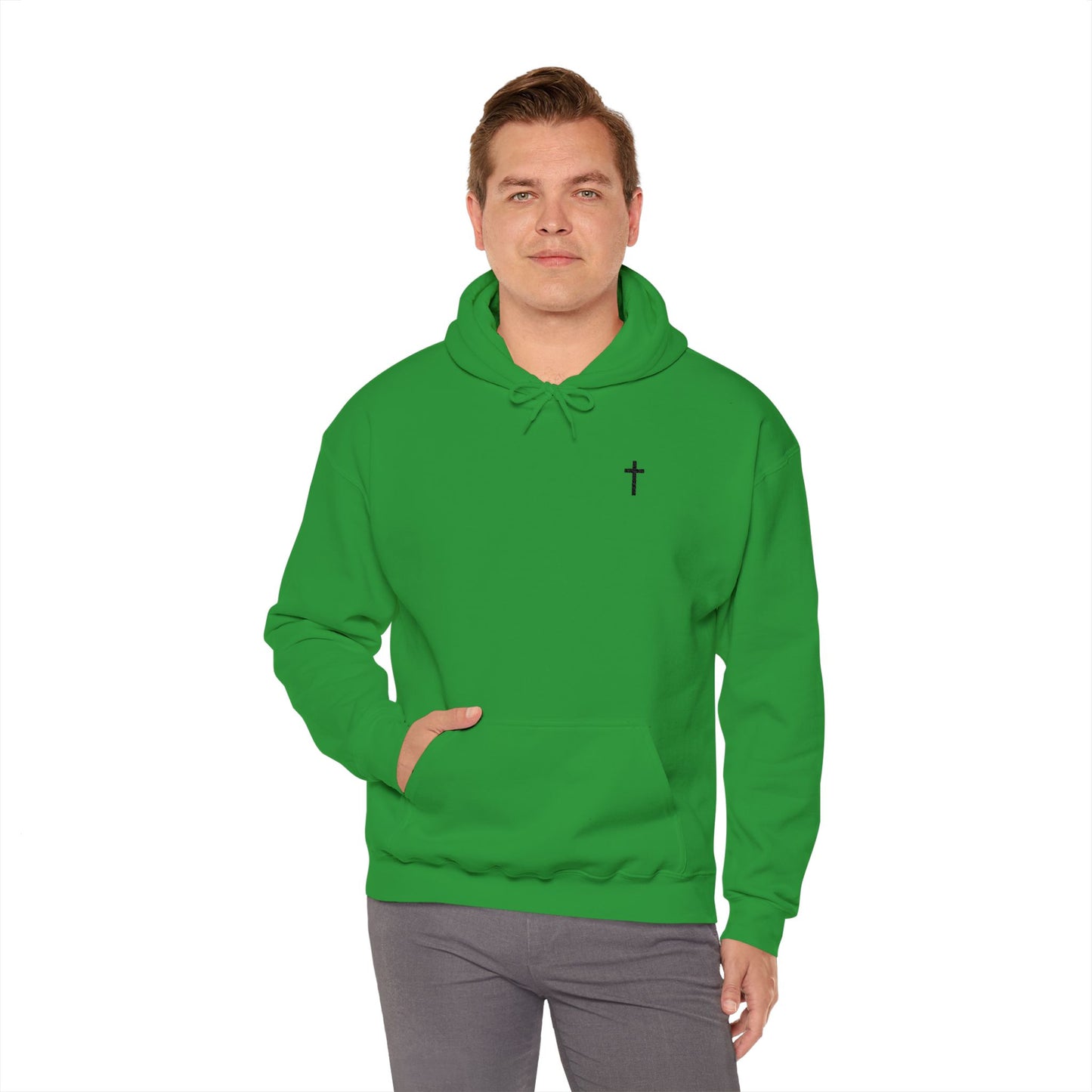 Unisex Embroidered Black Cross Hooded Sweatshirt (Gildan Product)