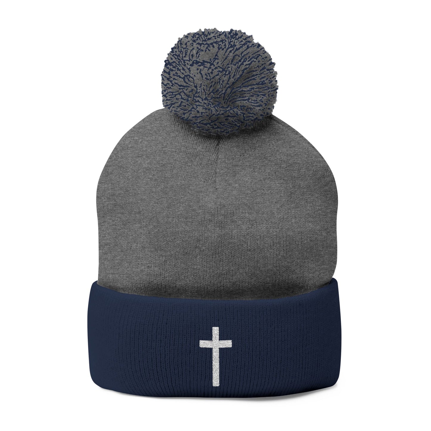 Pom-Pom White Cross Knit Cap (Embroidery)