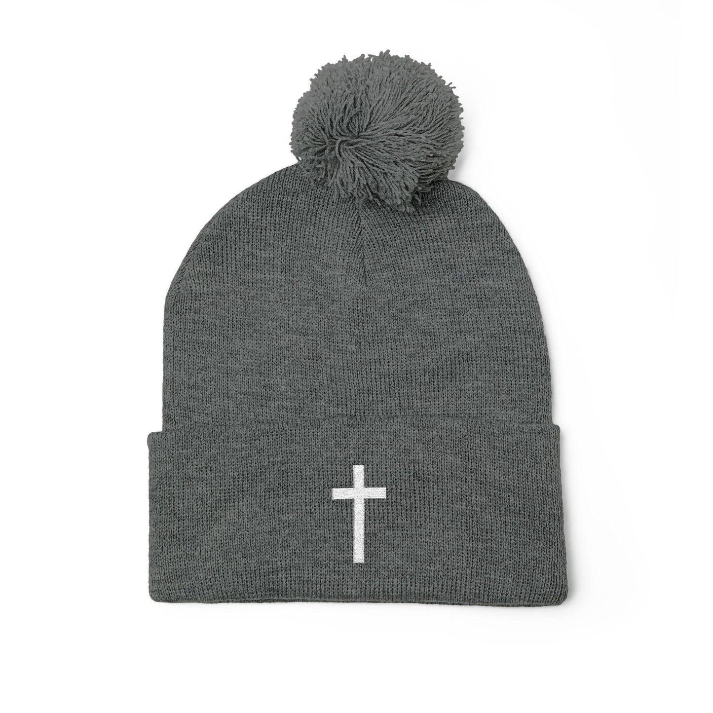 Pom-Pom White Cross Knit Cap (Embroidery)