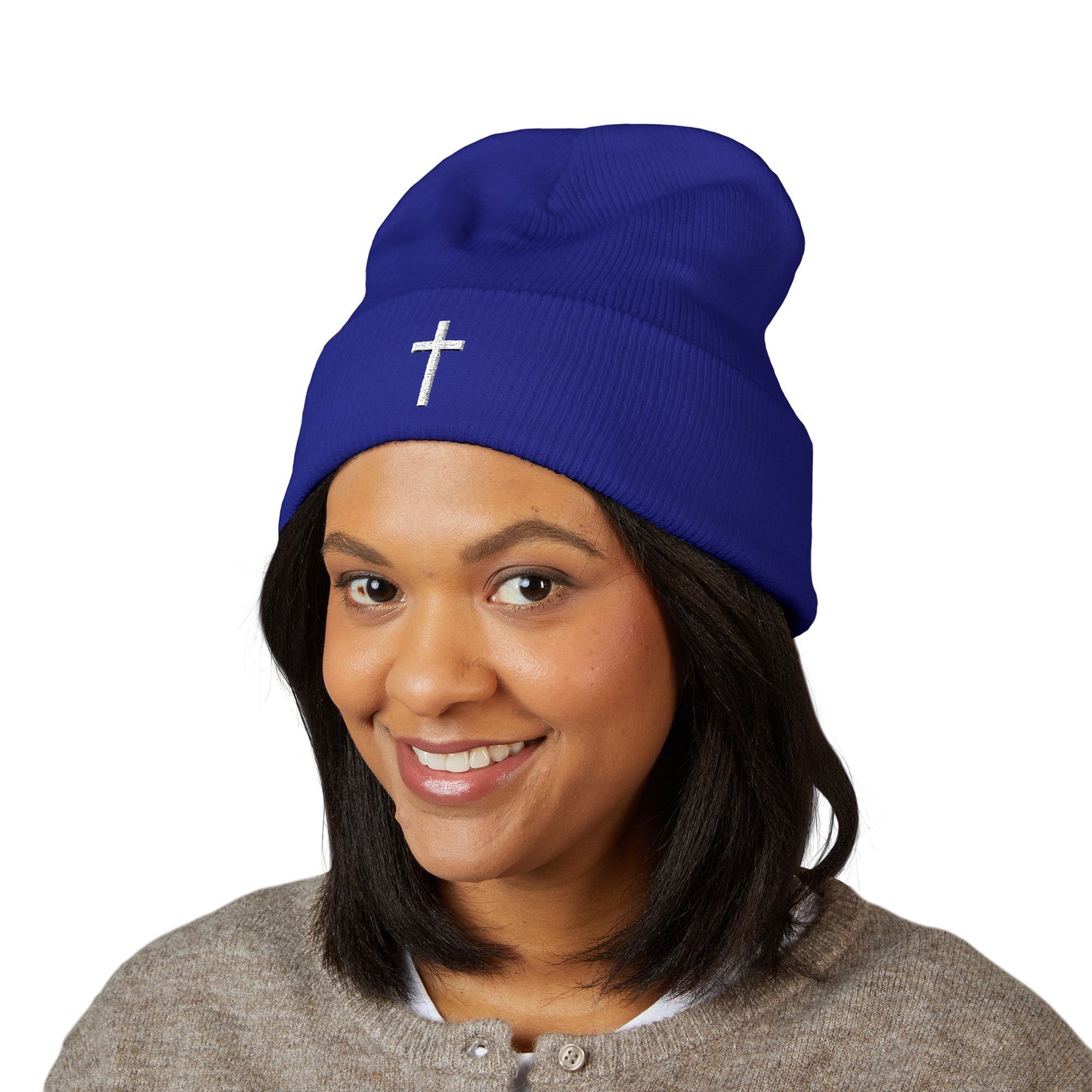 Classic White Cross Cuffed Beanie (Embroidery)