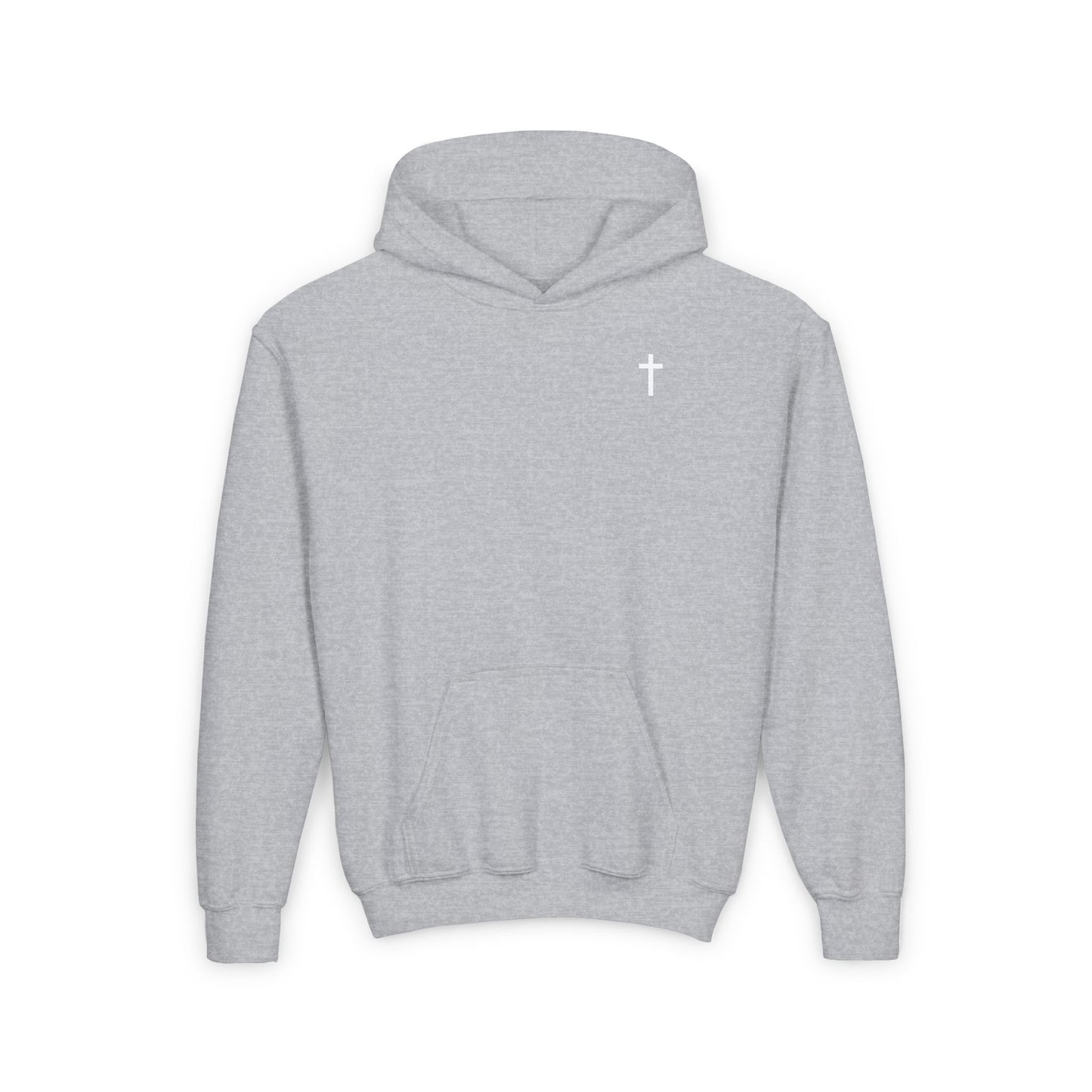 Youth Simple Christian Hooded Sweatshirt with White Cross (Gildan Product)