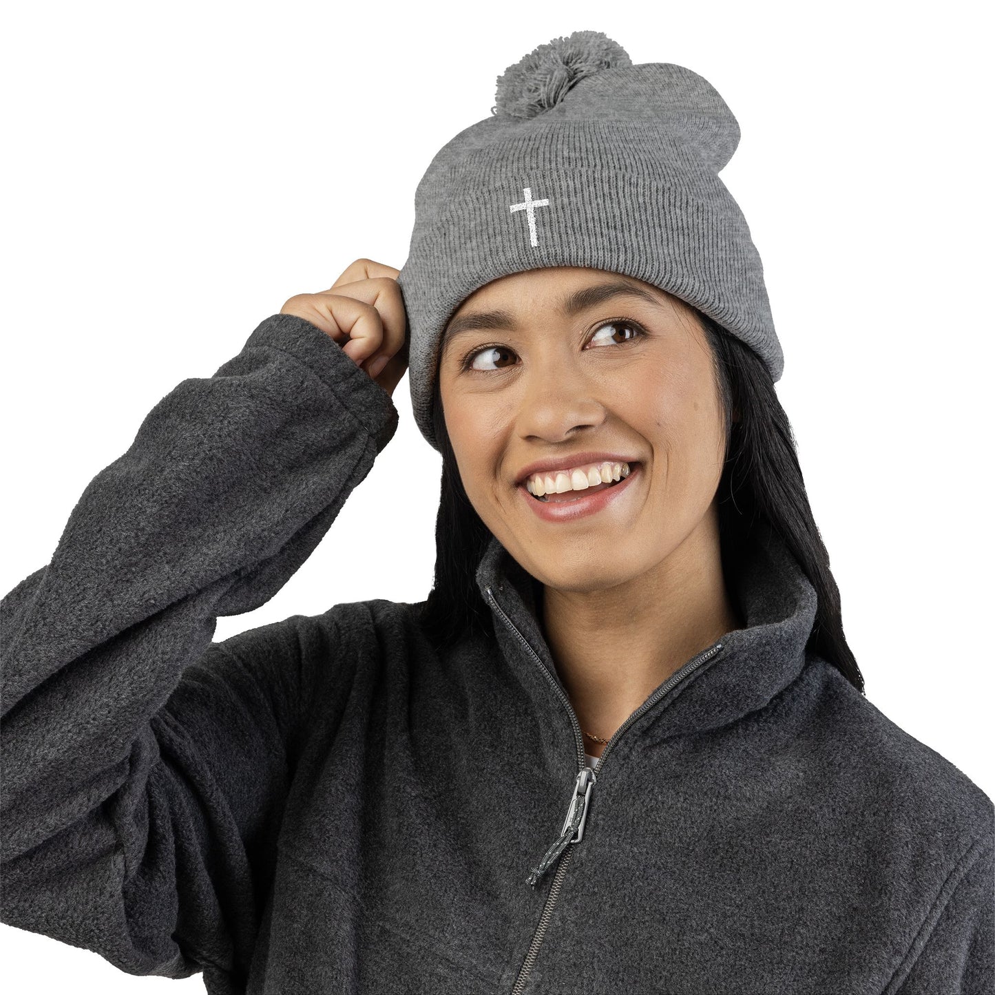 Pom-Pom White Cross Knit Cap (Embroidery)