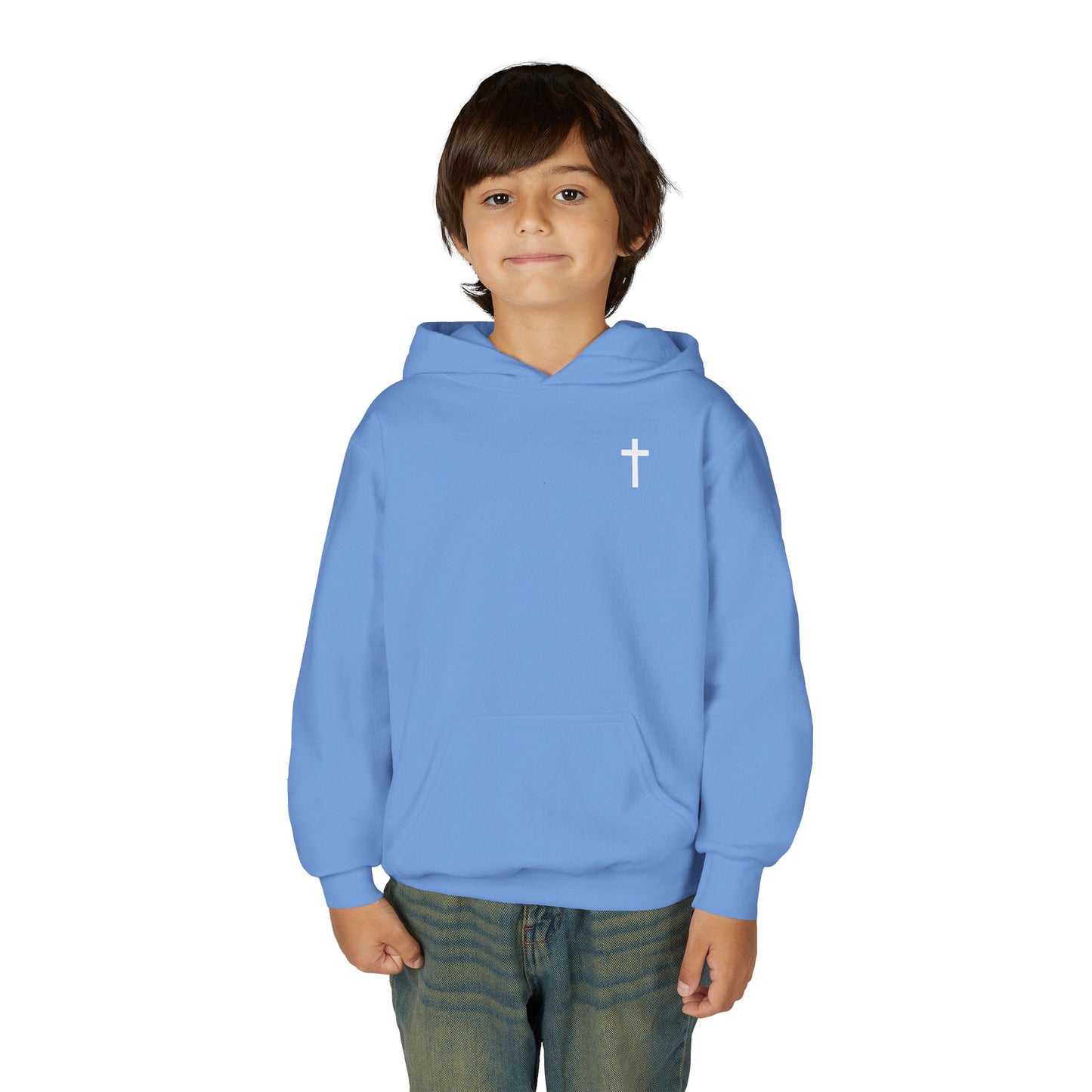 Kids Simple Christian Hooded Sweatshirt with White Cross (Gildan Product)