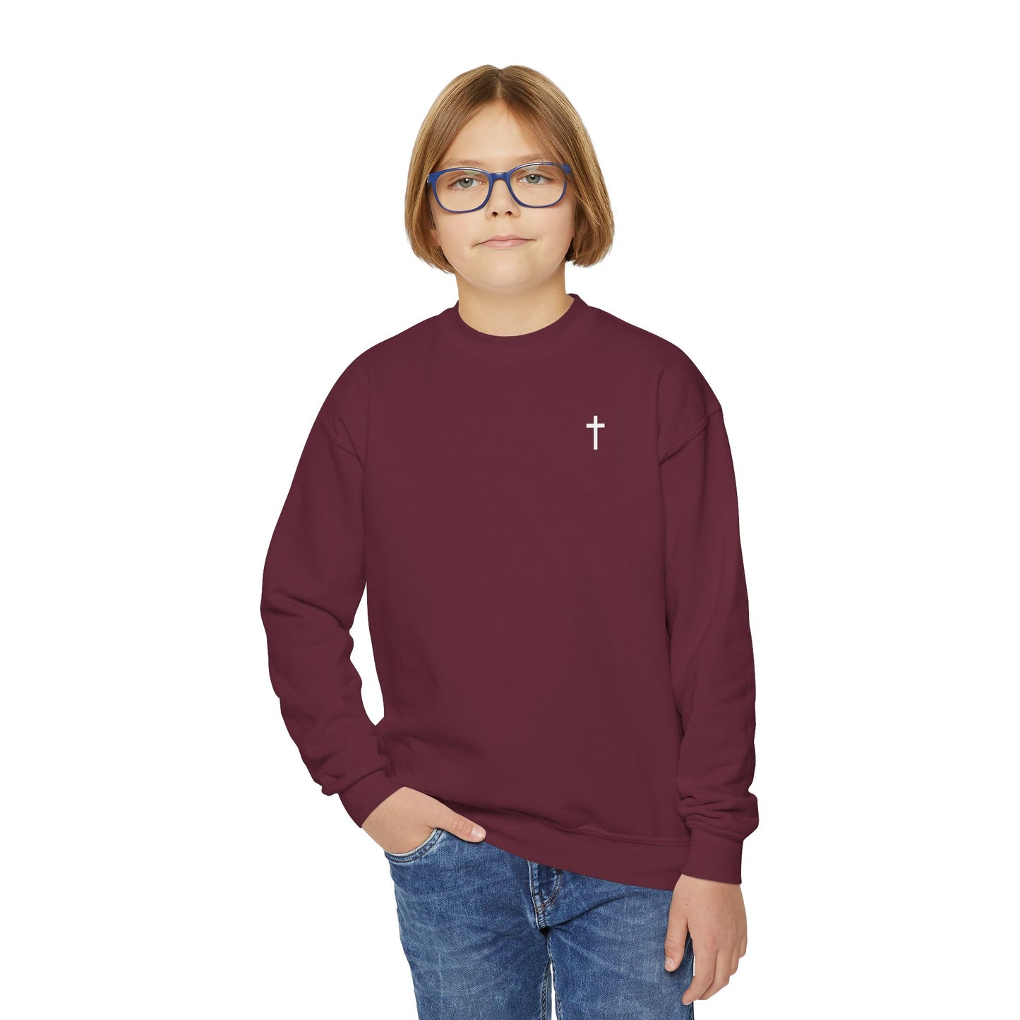 Youth Simple Christian Crewneck Sweatshirt with White Cross (Gildan Product)