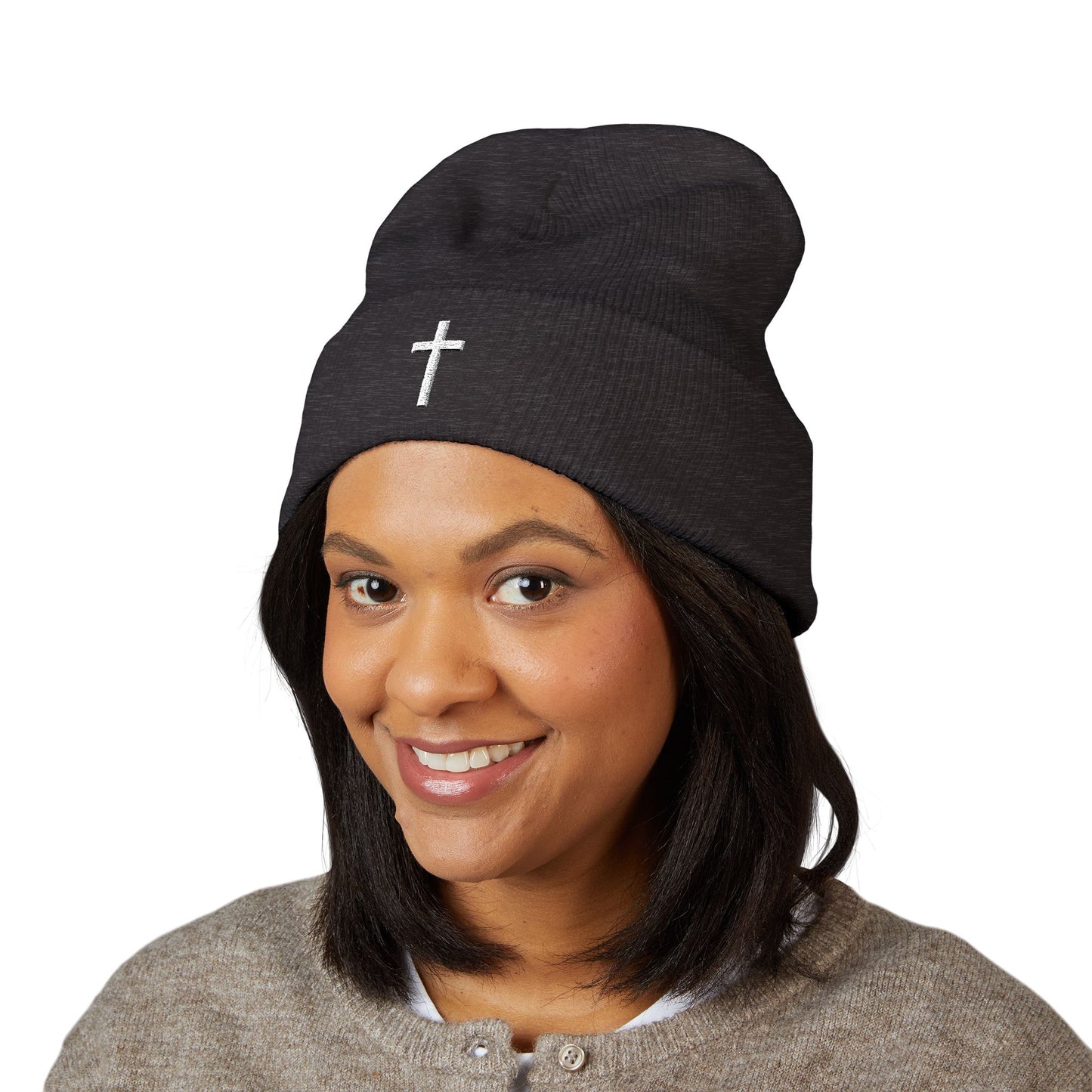 Classic White Cross Cuffed Beanie (Embroidery)