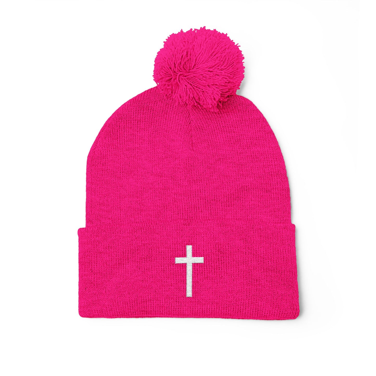 Pom-Pom White Cross Knit Cap (Embroidery)