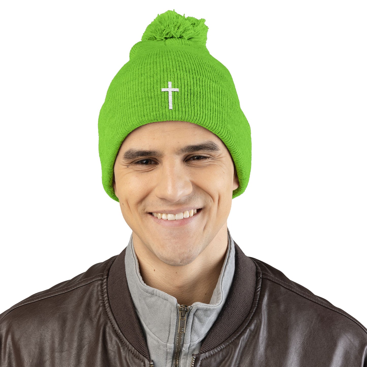 Pom-Pom White Cross Knit Cap (Embroidery)