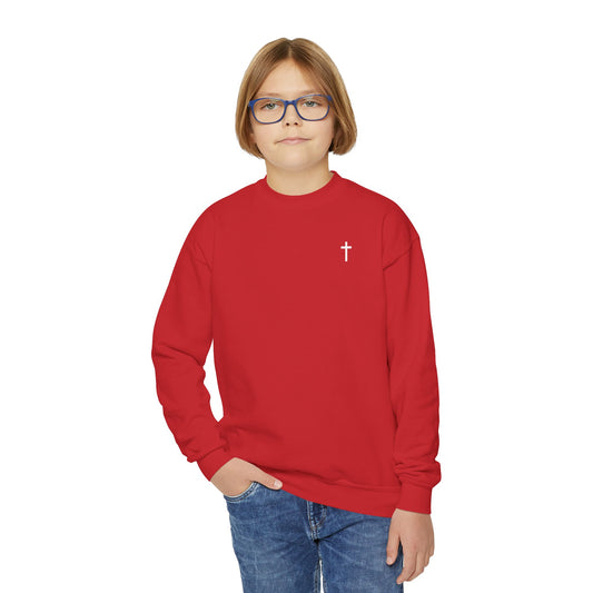 Youth Simple Christian Crewneck Sweatshirt with White Cross (Gildan Product)