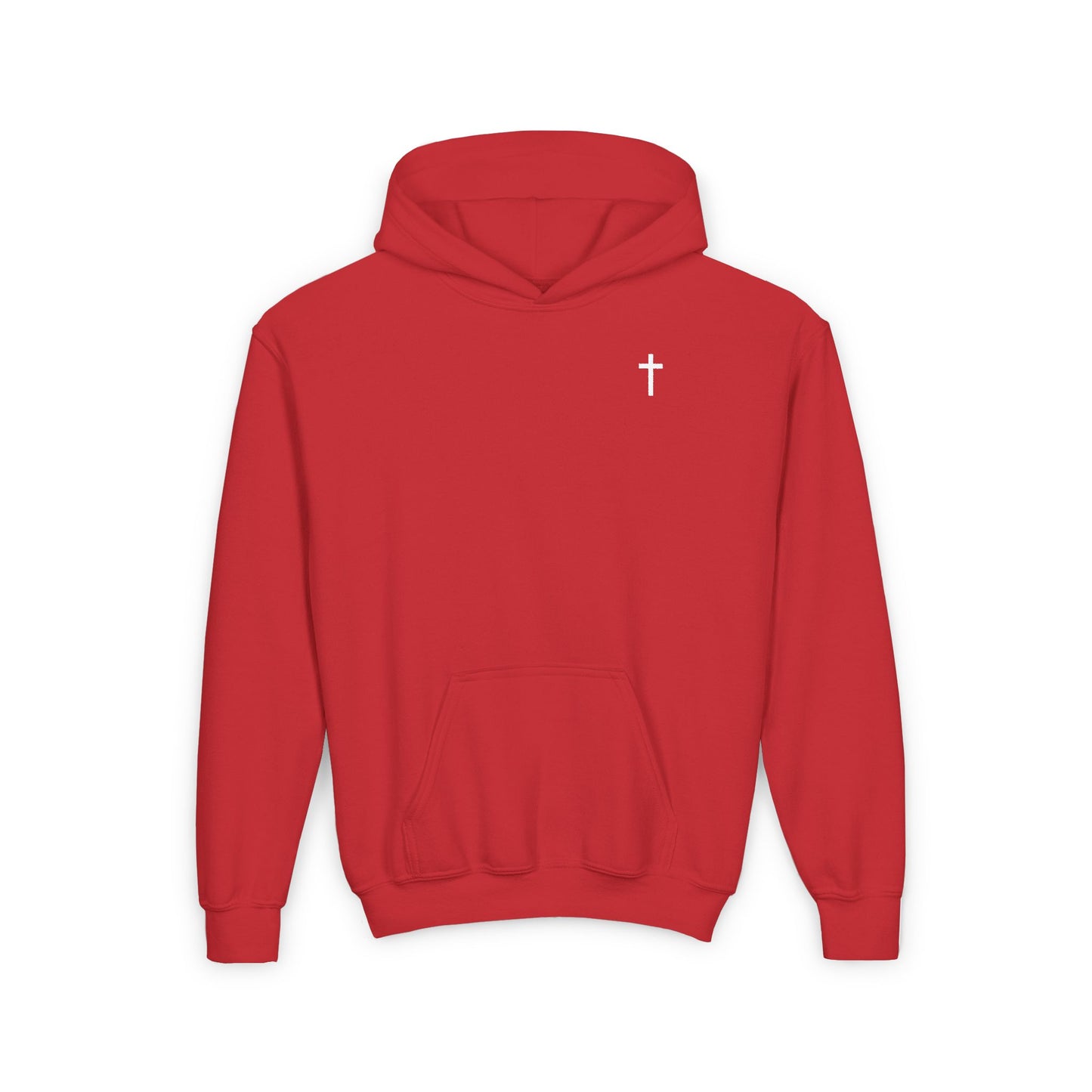 Youth Simple Christian Hooded Sweatshirt with White Cross (Gildan Product)