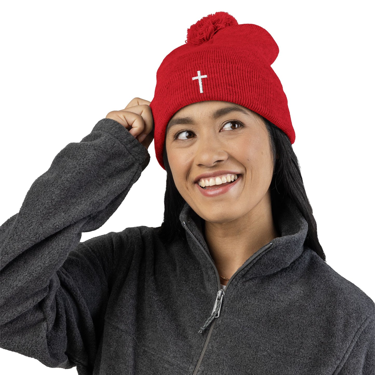 Pom-Pom White Cross Knit Cap (Embroidery)