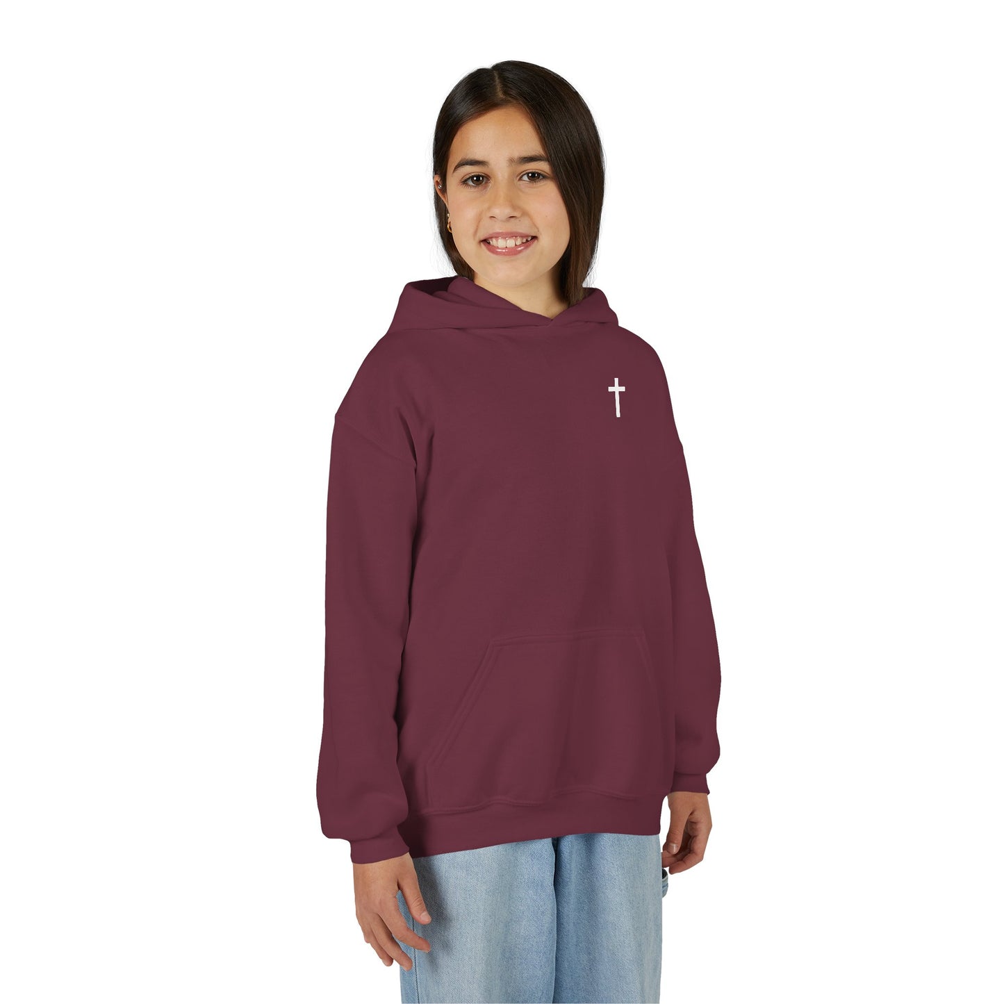Kids Simple Christian Hooded Sweatshirt with White Cross (Gildan Product)