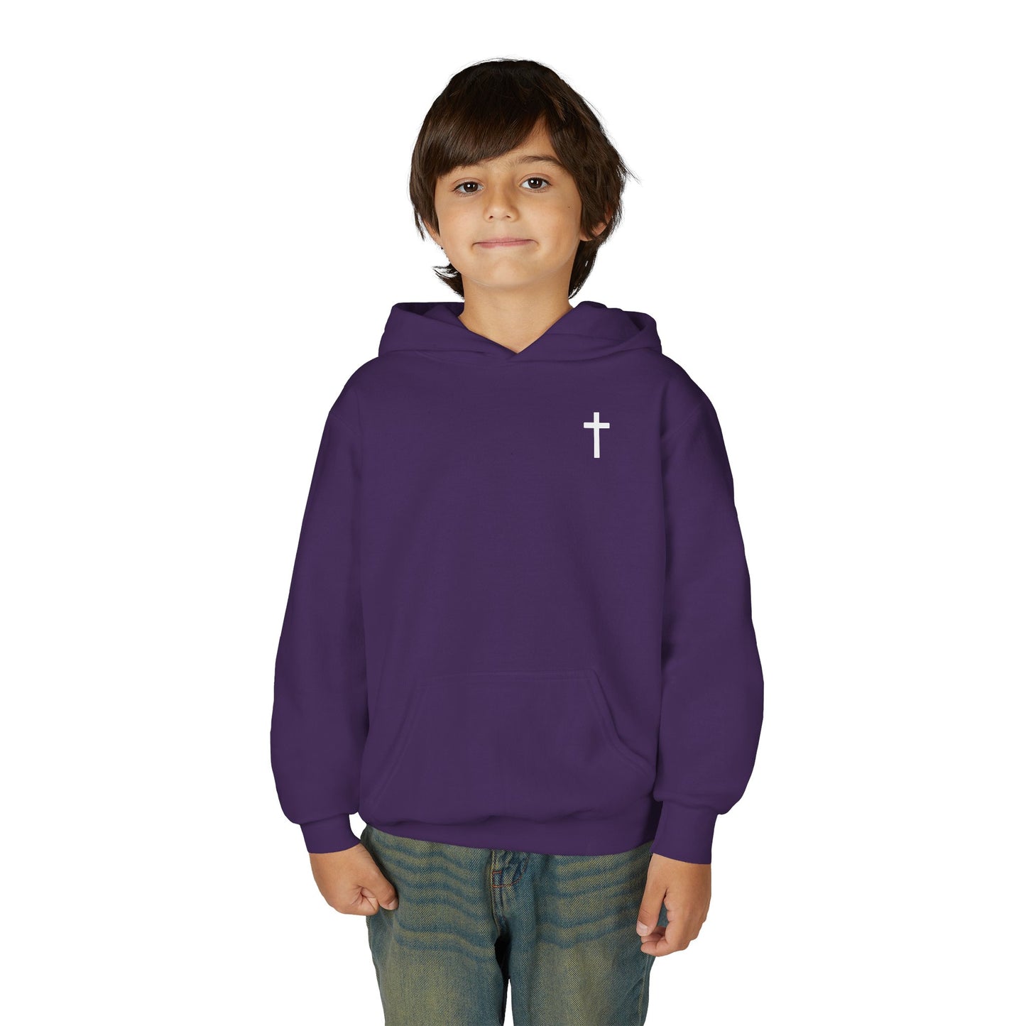 Kids Simple Christian Hooded Sweatshirt with White Cross (Gildan Product)