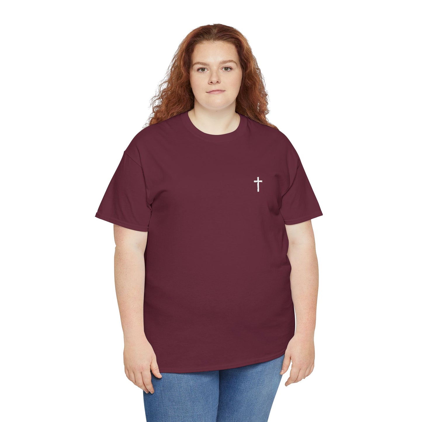 Unisex Heavy Cotton Tee with White Cross (Embroidered)