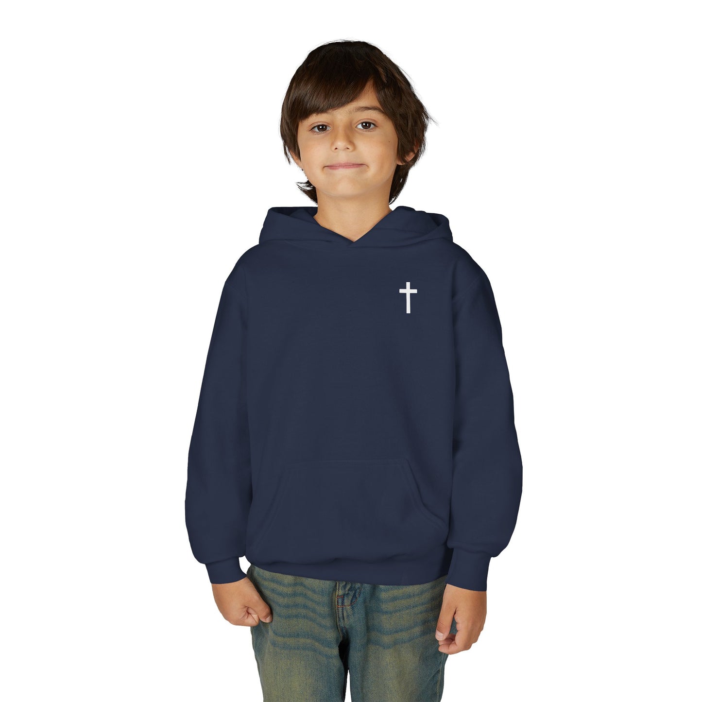 Kids Simple Christian Hooded Sweatshirt with White Cross (Gildan Product)