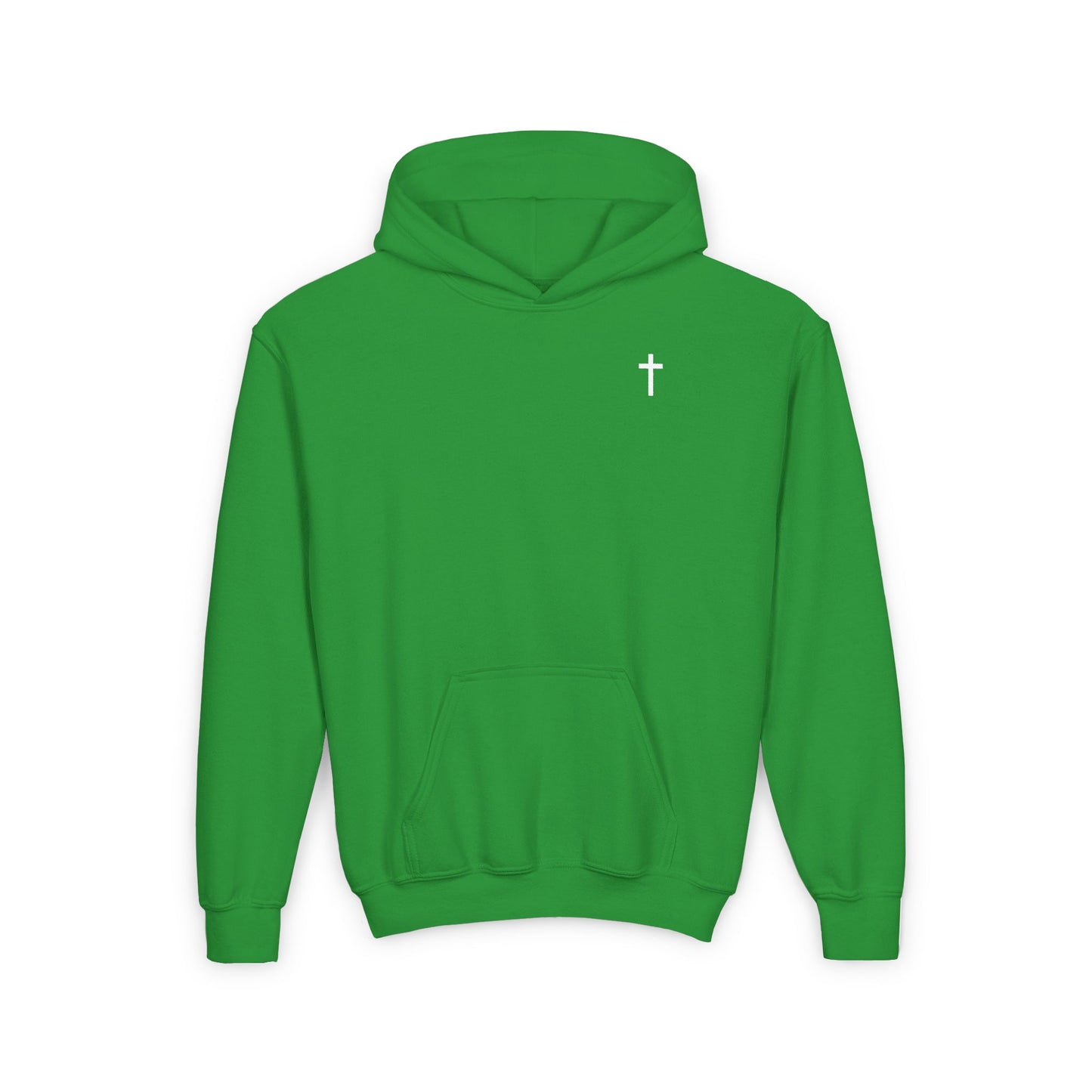 Youth Simple Christian Hooded Sweatshirt with White Cross (Gildan Product)