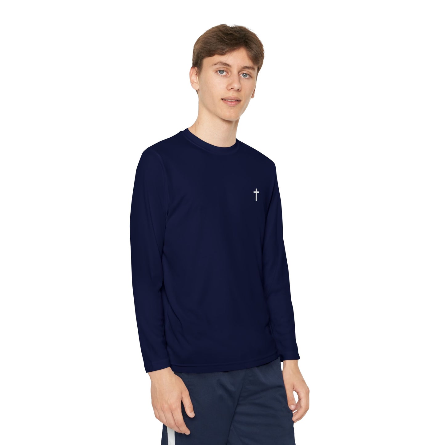 Youth long sleeve Sport-Tek with White Cross