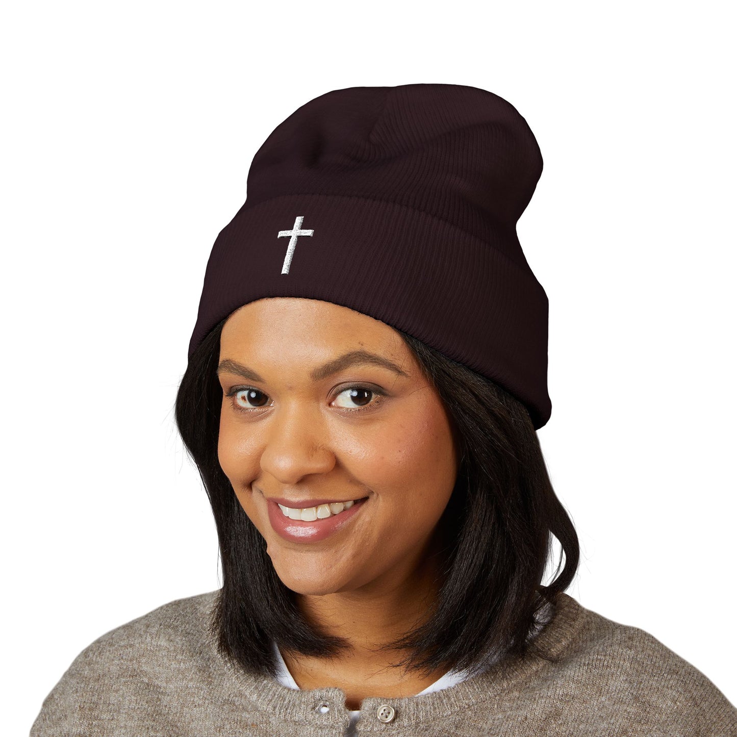 Classic White Cross Cuffed Beanie (Embroidery)