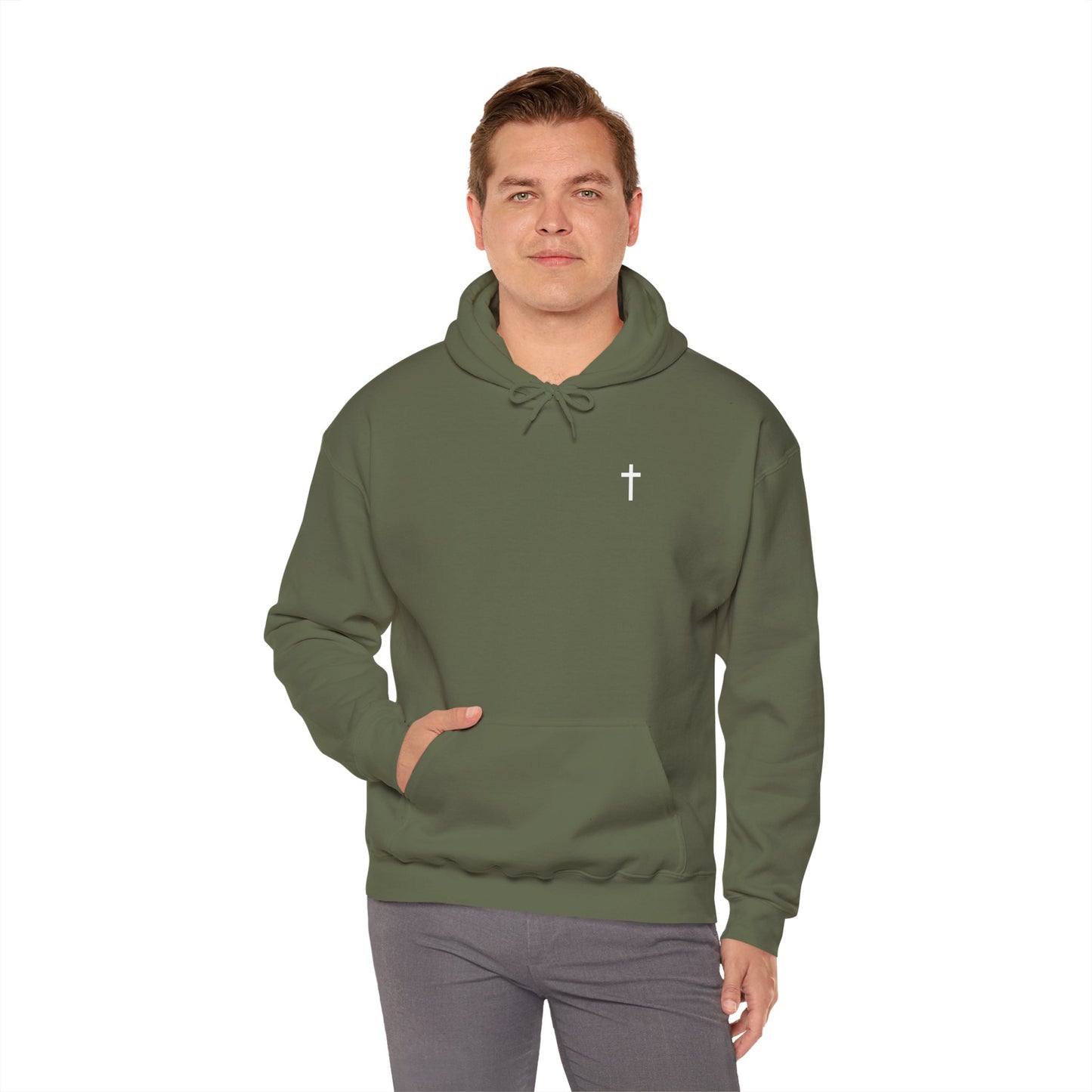 Unisex Christian Hooded Sweatshirt with White Cross (Gildan Product)