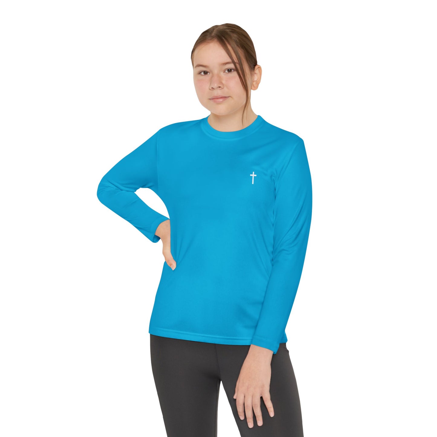 Youth long sleeve Sport-Tek with White Cross