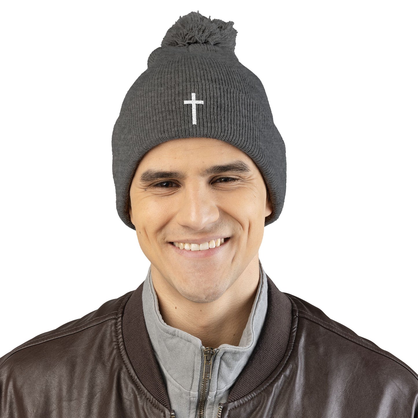 Pom-Pom White Cross Knit Cap (Embroidery)