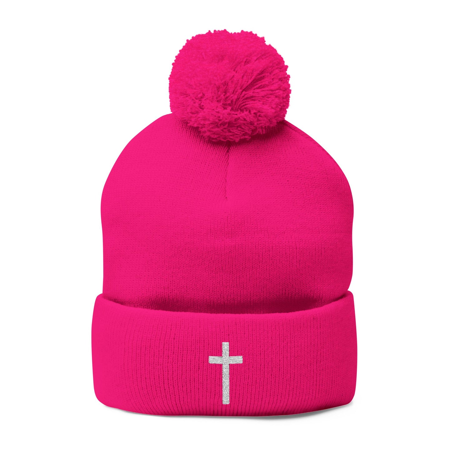 Pom-Pom White Cross Knit Cap (Embroidery)