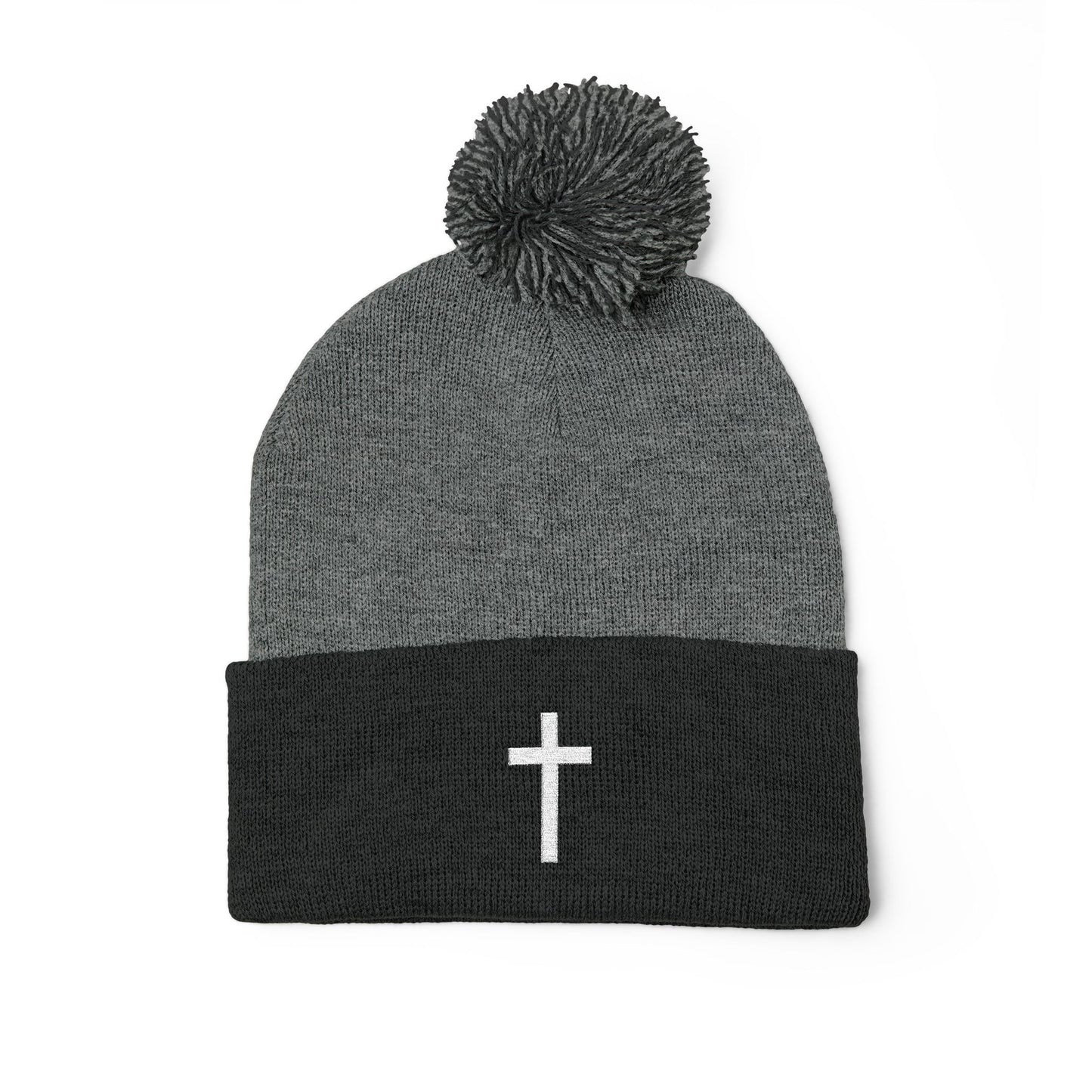 Pom-Pom White Cross Knit Cap (Embroidery)